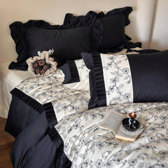 Vintage Floral Embroidery Black White Cotton Duvet Cover