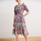 V Neck Short Sleeves Ruffles Sash Belt Printed Fashion Summer Dress