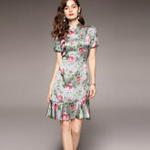 Vintage Stand Collar Short Sleeves Floral Printed Ruffles Elegant Dress Vestidos
