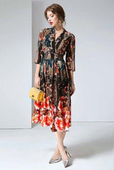 V Neck 3/4 Sleeves Printed Elastic Waist Elegant Summer Dresses