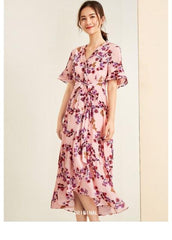 Sexy V Neck Ruffles Short Sleeves Printed Fashion Casual Summer Dresses