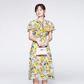 Lace Up Bow Collar Ruffles Printed Cape Sleeves Elegant Holiday Dress