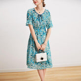 O Neck Short Sleeves Lace Up Waist Floral Printed Elegant Summer Dress