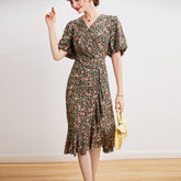 V Neck Short Sleeves Printed Ruffles Fashion Dress