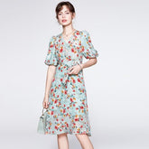 V Neck Short Sleeves Printed Sash Belt Fashion Summer Dress