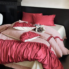 Romantic Red Polka Dot Bow Cotton Bedding Set