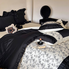 Vintage Floral Embroidery Black White Cotton Duvet Cover