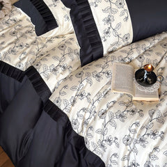 Vintage Floral Embroidery Black White Cotton Duvet Cover