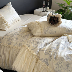 Floral Embroidery Ruffled Lace Cotton Bedding Set