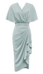 SOLID BATWING SLEEVE WRAP HEM DRESS