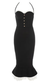 BLACK LACE BUTTON FRONT MERMAID HEM BANDAGE DRESS
