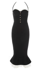 BLACK LACE BUTTON FRONT MERMAID HEM BANDAGE DRESS