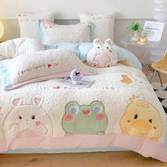 Cute Cartoon Animal Embroidery Lamb Fleece Duvet Cover Set