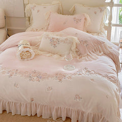 Princess-style Milk Velvet Duvet Cover Set with Lace Trim