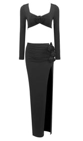 LONG SLEEVE FLOWER HIGH SPLIT MAXI DRESS IN BLACK