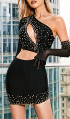 ONE SHOULDER PEARL CUTOUT BANDAGE DRESS