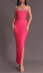 RED BEADED STRAPLESS SIDE SLIT BANDAGE DRESS