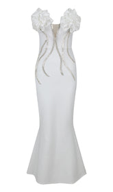 OFF SHOULDER FLOWER EMBELLISHED BODYCON GOWN