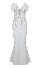 OFF SHOULDER FLOWER EMBELLISHED BODYCON GOWN