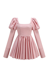PUFF LONG SLEEVE CRYSTAL CORSET A LINE DRESS IN PINK
