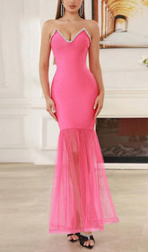 RHINESTONE DECOR OPEN SLIT STRAPLESS DRESS