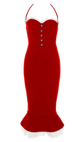 RED LACE BUTTON FRONT MERMAID HEM BANDAGE DRESS