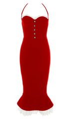 RED LACE BUTTON FRONT MERMAID HEM BANDAGE DRESS