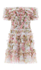 FLORAL OFF-SHOULDER MINI DRESS IN NYLON