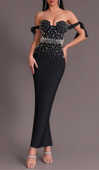 PEARL EMBELLISHED BACKLESS BODYCON MAXI DRESS