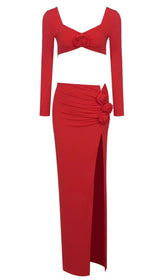 LONG SLEEVE FLOWER HIGH SPLIT MAXI DRESS IN RED