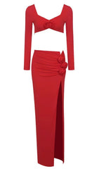 LONG SLEEVE FLOWER HIGH SPLIT MAXI DRESS IN RED