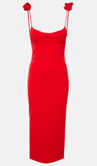SPAGHETTI FLOWER MIDI DRESS IN RED