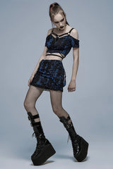 WomenGothic Decadent Knitted Texture Broken Holes Fashion Sexy Mini Black-blue Skirt