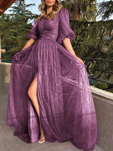 New Style Sexy Lace Purple Mesh Half Sleeved Prom Dresses