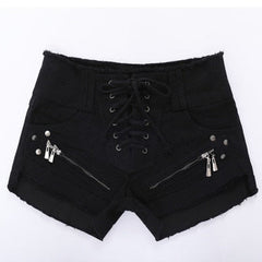Punk Skull Low Waisted Lace-up White Thin Denim Shorts Goth Rock Sexy Shorts