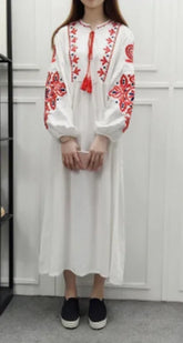 Cotton Linen Embroidery A Neck Ruffle Sleeve Boho Dress
