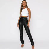 2023 New WomenHigh Waist PU Imitation Leather Straight Leg Leather Pants Loose Fashion Casual Pants Brown/Black