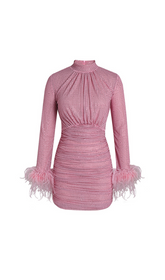 PINK RHINESTONE FEATHER MINI DRESS