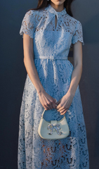 BLUE GUIPURE LACE A LINE MIDI DRESS