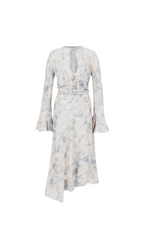 PRINTED WRAP MIDI DRESS IN BLUE