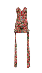 STRAPLESS CUTOUT DRAPED FLORAL DRESS