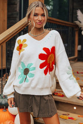 Autumn New V-neck Casual All-match Floral Print Warm Knitted Sweater