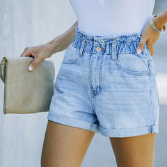 Summer WomenDenim Fashion Vintage Streetwear Stretch Elastic Waist New Crimping Shorts