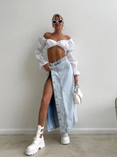 WomenDenim Side Split Button High Waist Midi Office Lady Jean Long Skirt