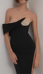 PEARL EMBELLISHED OFF-SHOULDER HIGH SPLIT DRESS
