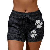 Womencute paws printed drawstring elastic waist yoga shorts