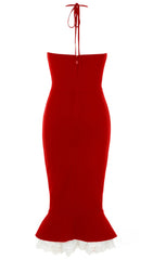 RED LACE BUTTON FRONT MERMAID HEM BANDAGE DRESS