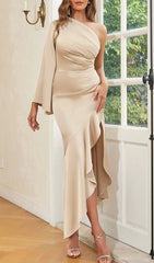 GOLD ONE-SHOULDER RUFFLE ASYMMETRICAL HEM DRESS
