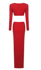 LONG SLEEVE FLOWER HIGH SPLIT MAXI DRESS IN RED