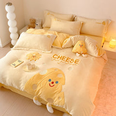 Cute Cartoon Cheese Embroidery Milk Velvet Duvet Cover Set